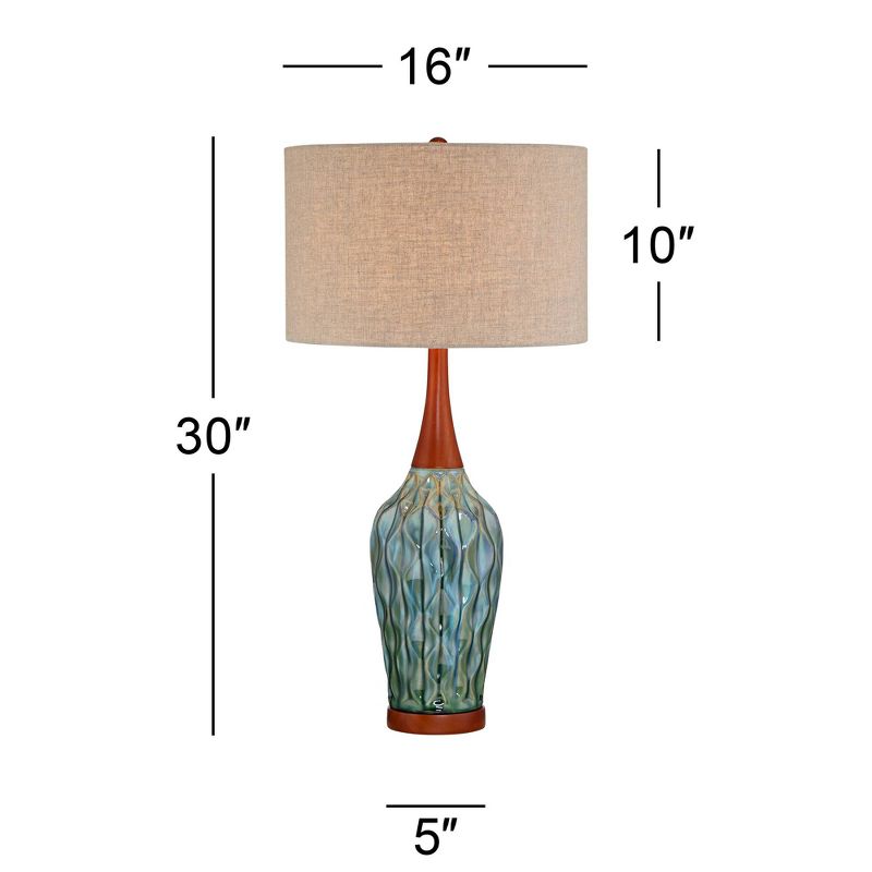360 Lighting Rocco Modern Mid Century Table Lamp 30" Tall Blue Teal Glaze Ceramic with Table Top Dimmer Linen Fabric Drum for Bedroom Living Room Kids, 4 of 8