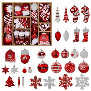 Aoibox 85 Piece Christmas Ball Ornaments Set Shatterproof Plastic Red White Baubles with Hanging Strings for Tree and Holiday Decor - 1 of 4