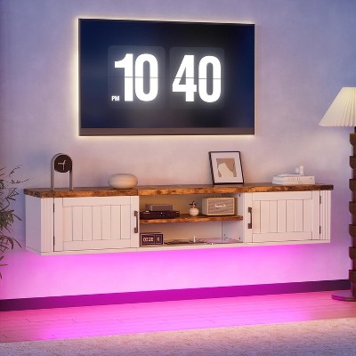 PAKASEPT Floating TV Stand for TVs up to 80 Inch, Wood Floating TV Shelf with LED Light, 63'' Wall Mounted TV Stand for Living Room