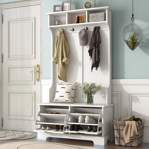 Hall Tree Entryway Bench With Coat Rack Accent Shoe Cabinet With 2 Flip Drawer Mudroom Coat Storage Organizer For Hallway Living Room Bedroom White Target