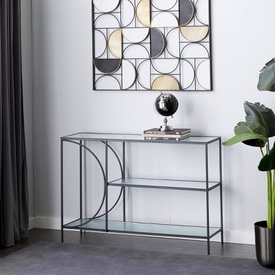 Black Metal and Glass Industrial Console Table with Storage Shelves