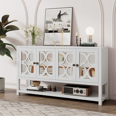 4-Door Sideboard Buffet Cabinet, Console Table, Sideboard Storage Cabinet With Mirrored Doors & Acacia Wood Legs For Entryway Living Room Dining Room