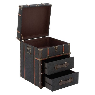 Dark Blue Linen Upholstered Wood End Table with Storage