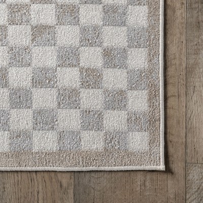 Beige and White Geometric 4' x 6' Washable Area Rug