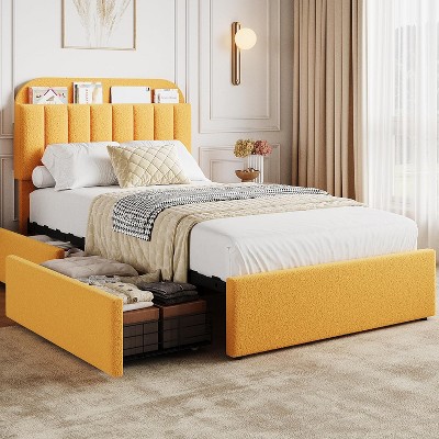 Twin Bed Frame with Storage Headboard & 2 Drawers, Girls Boucle Upholstered Platform Bed with Built-In Bookcase