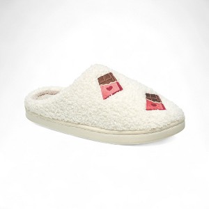 Aéropostale Women’s Fuzzy Chocolate Bar Mule Slippers – Ivory Slip-On House Shoes with Sweet Embroidered Candy Bars & Hearts - 1 of 4