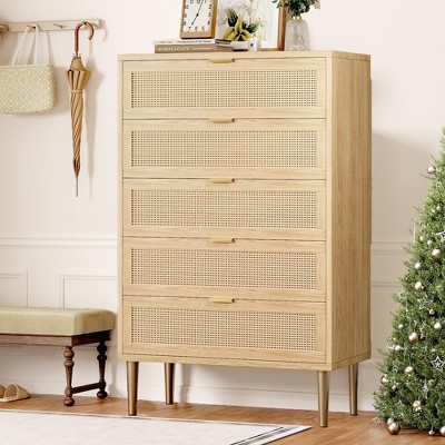Whizmax Rattan 5 Drawer Dresser, 44'' Tall Narrow Chest of Drawer, Wooden Dresser with Metal Legs and Handles for Bedroom, Living Room, Hallway