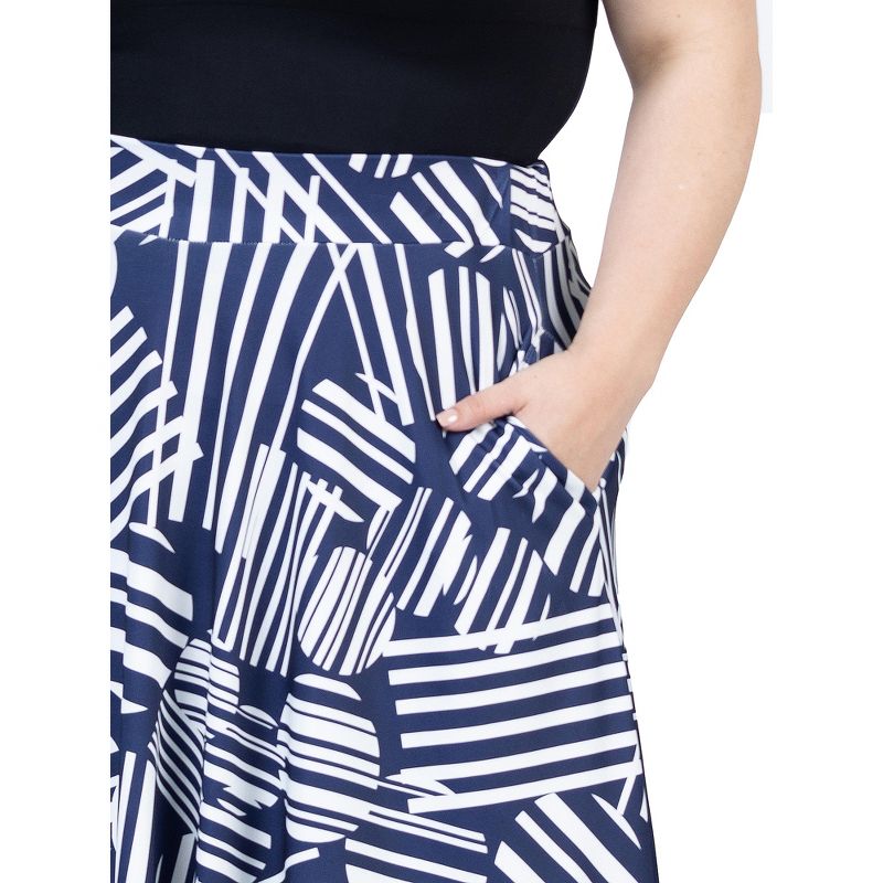 24seven Comfort Apparel Plus Size Navy Geometric Print Pleated Midi Skirt With Pockets, 5 of 7