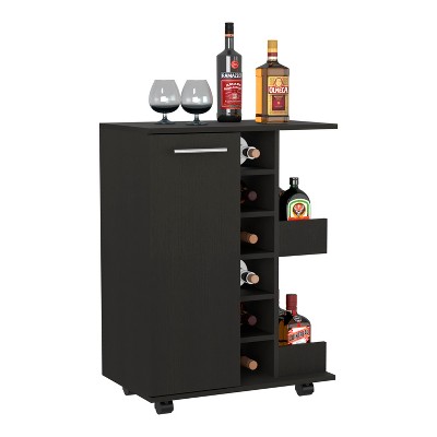 MaseiKar 32" H black bar-coffee cart, cabinet storage, with 4 wheels, 1 divided storage with 1 shelf, 1 folding door