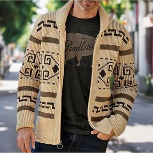 Attraco Men's Fall/Winter Fashion Jacquard Knit Long-Sleeve Zip-Up Lapel Cardigan Sweater - 1 of 4