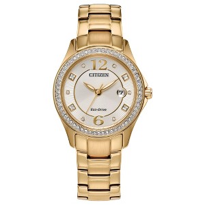 Citizen Ladies Eco-Drive Dress Classic Crystal Watch, Gold-Tone Stainless Steel Bracelet, Champagne Dial  3 Hand, Date - 1 of 4