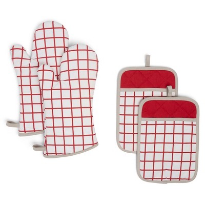 4pc Cotton Bistro Grid Oven Mitt and Pot Holder Set Red - Town & Country Living