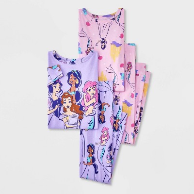 Image of Girls' Disney Princess 4pc Long Sleeve Cotton Snug Fit Pajama Set - Purple/Pink 6