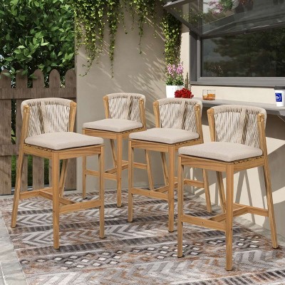 Set of 4 Outdoor Barstools with Acacia Wood Frame,Fabric Upholstered Barstools,Rope Woven Backrest Bar Chairs for Patio or Backyard-Cuddlewood