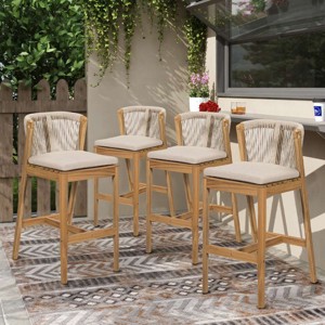 Set of 4 Outdoor Barstools with Acacia Wood Frame,Fabric Upholstered Barstools,Rope Woven Backrest Bar Chairs for Patio or Backyard-Cuddlewood - 1 of 4