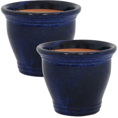 Sunnydaze Studio Outdoor/Indoor High-Fired Glazed UV and Frost-Resistant Ceramic Flower Pot with Holes - 11" Diameter - Imperial Blue - 2-Pack