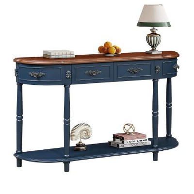 SYFERLORY Retro Curved Wood Console Table, 52 inch Circular Half Moon Sofa Table with Open Shelf ,Navy Blue + Brown Top