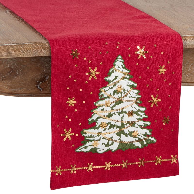 Saro Lifestyle Christmas Tree Design Holiday Table Runner, 13"x72", Red, 1 of 3