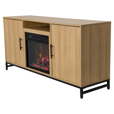 Modern White Oak TV Stand with Electric Fireplace and Cabinets