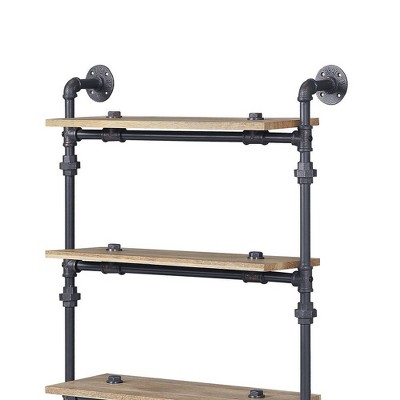 59" Industrial Oak and Black Wall-Mounted Bookshelf