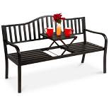Best Choice Products Outdoor Garden Steel Patio Porch Bench with Pullout Middle Table w/ Weather-Resistant Frame - Black