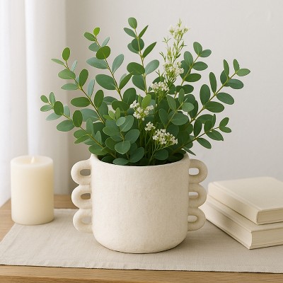 Pottery and Cement Planter with Unique Multi-Loop Handle Design, Stylish Contemporary Accent For Home Décor