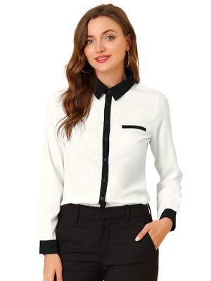 INSPIRE CHIC Women's Contrast Collar Chiffon Long Sleeve Work Office Blouse
