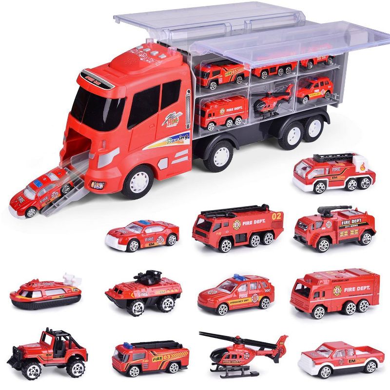 Fun Little Toys 12-in-1 Fire Truck Carrier Toy with Sound 13pc, 1 of 5