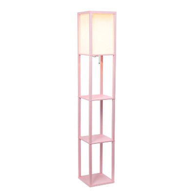 Elegant Light Pink Column Floor Lamp with Linen Shade and Display Shelves