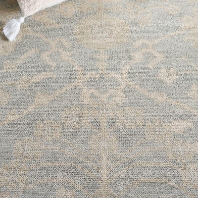 Light Blue and Ivory Hand-Knotted Wool Floral Area Rug 6' x 9'