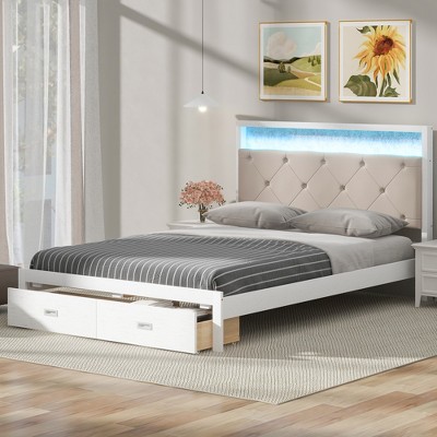 Queen/Full Size Wooden Platform Bed Frame with Upholstered LED Headboard and 2 Drawers, Antique White -ModernLuxe