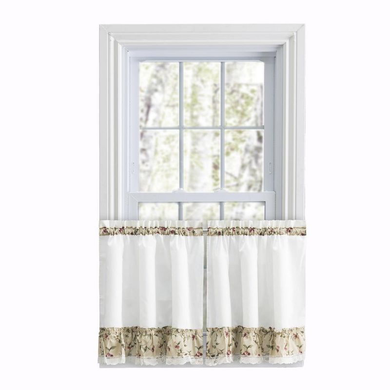 Ellis Curtain Cherries Ruffled 1.5" Rod Pocket Window Curtain Tiers Natural, 1 of 5