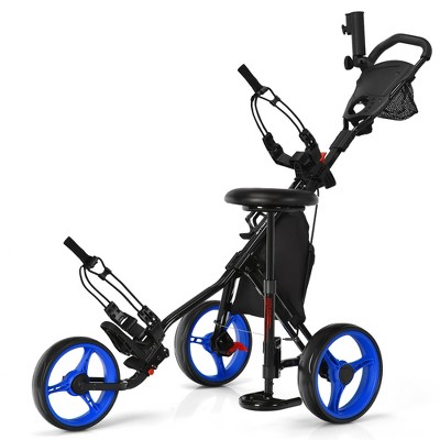 Costway Folding 3 Wheels Golf Push Cart W/Seat Scoreboard Adjustable Handle Red\Blue\Grey\Green