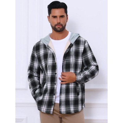 INSPIRE CHIC Men's Fleece Lining Drawstring Hooded Plaid Shirt Jacket Large Black White — фото 4
