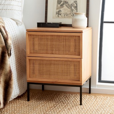 Natural Rattan and Black 2-Drawer Nightstand
