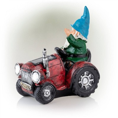 10" Red Polyresin Tractor Riding Gnome with LED Lights