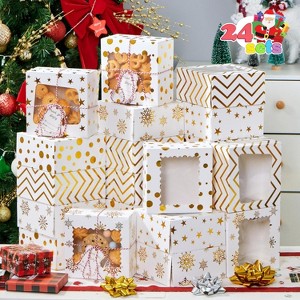 Joyfy 24 Pcs Christmas Cookie Boxes, Gold Foil Treat Box with Window, Gift-Giving Bakery Gift Wrapping Box for Pastries Cupcakes Cookies Donuts - 1 of 4