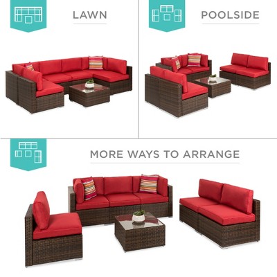 7-Piece Brown Wicker Outdoor Sectional Set with Red Cushions