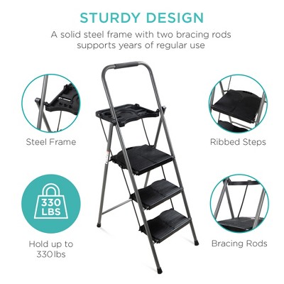 Black and Gray Folding Steel 3-Step Ladder with Utility Tray