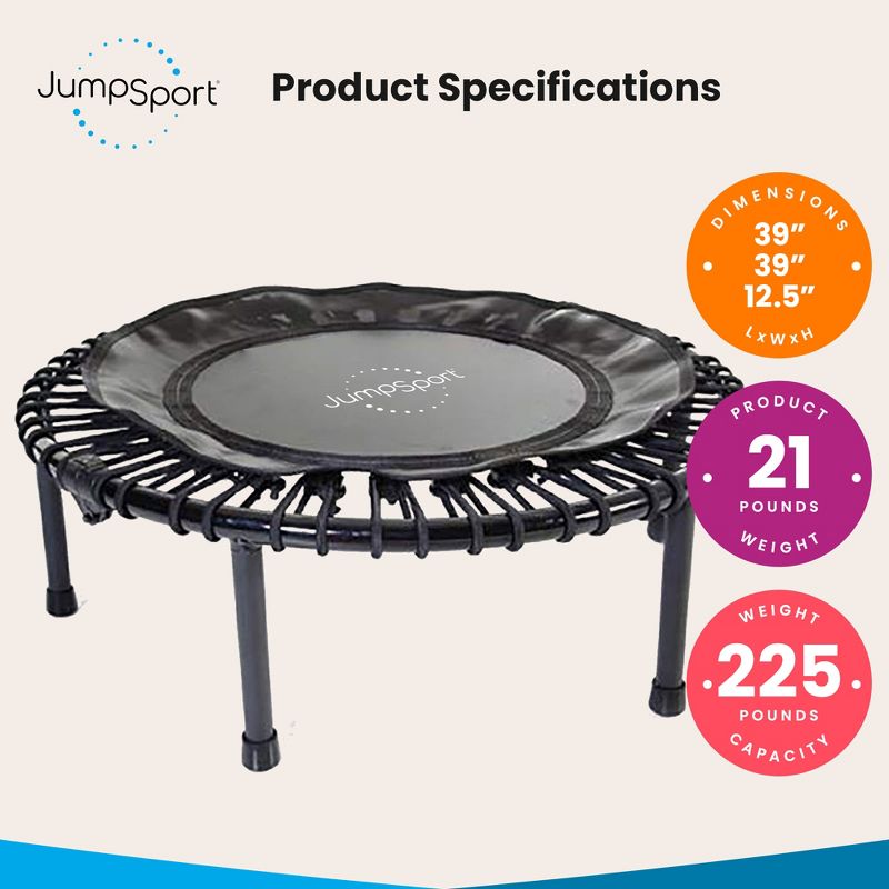 JumpSport 230F Folding Indoor Home Cardio Fitness Rebounder Durable Exercise Mini Trampoline with Premium Bungees, Workout DVD, and is Safe and Sturdy, 4 of 8
