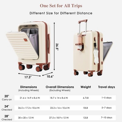 LOVMOR Luggage Set of 3, 20, 24, 28inch with USB Port, 20, 24inch with front opening design with Cup Holder,Hard Shell Luggage with Spinner Wheels