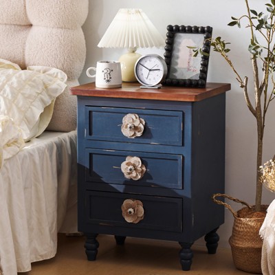 MOEPISY Vintage Farmhouse End Table with Floral Knobs, Rustic Nightstand with 3 Drawers Gourd Legs, Blue