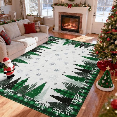 Christmas Area Rugs Soft Washable Xmas Tree Festive Decor Rug Non-Slip Low Pile Rugs for Living Room Bedroom