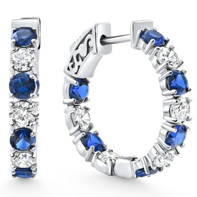 Pompeii3 4 1/2Ct Blue Sapphire & Diamond Hoops White or Yellow Gold Lab Created 1" Tall
