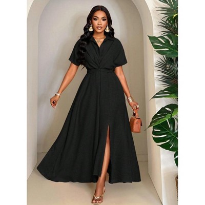 Mocamel Women’s Batwing Sleeve High - Waist Shirt Dress - Elegant Slit & Twist Detail for Formal Evenings & Festivals
