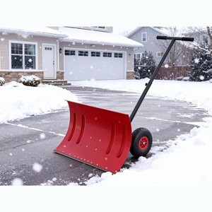 Snow Shovel with Wheels for Driveway, 20" Wide Adjustable Snow Pusher with 5-Position Angle & Height Handle, Snow Removal Tool for Sidewalks, Red - 1 of 4