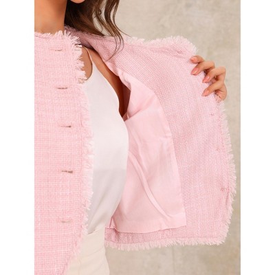 Женские пиджаки Allegra K Women's Plaid Tweed Crew Neck Cropped Button Up Elegant Work Blazer Pink X-Small — фото 5