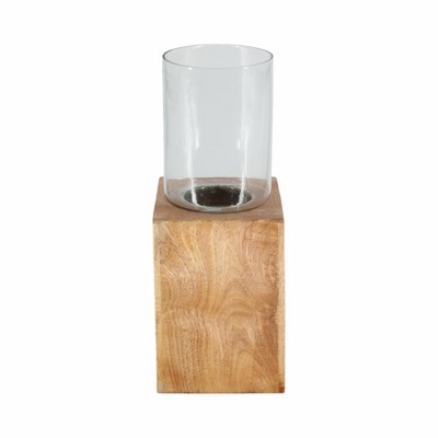 Modern Wooden & Glass Pillar Candle Holder - Mango Wood Base & Glass Cover - Elegant Home & Office Decor for Living Room & Bedroom - 15" Brown