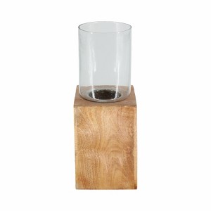 Modern Wooden & Glass Pillar Candle Holder - Mango Wood Base & Glass Cover - Elegant Home & Office Decor for Living Room & Bedroom - 15" Brown - 1 of 4