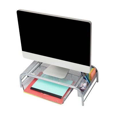 Silver Metal Mesh Monitor Stand with Drawer and Organizer